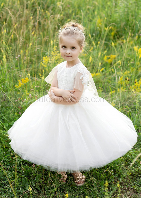 Beaded Ivory Lace Tulle Open Sleeves Flower Girl Dress